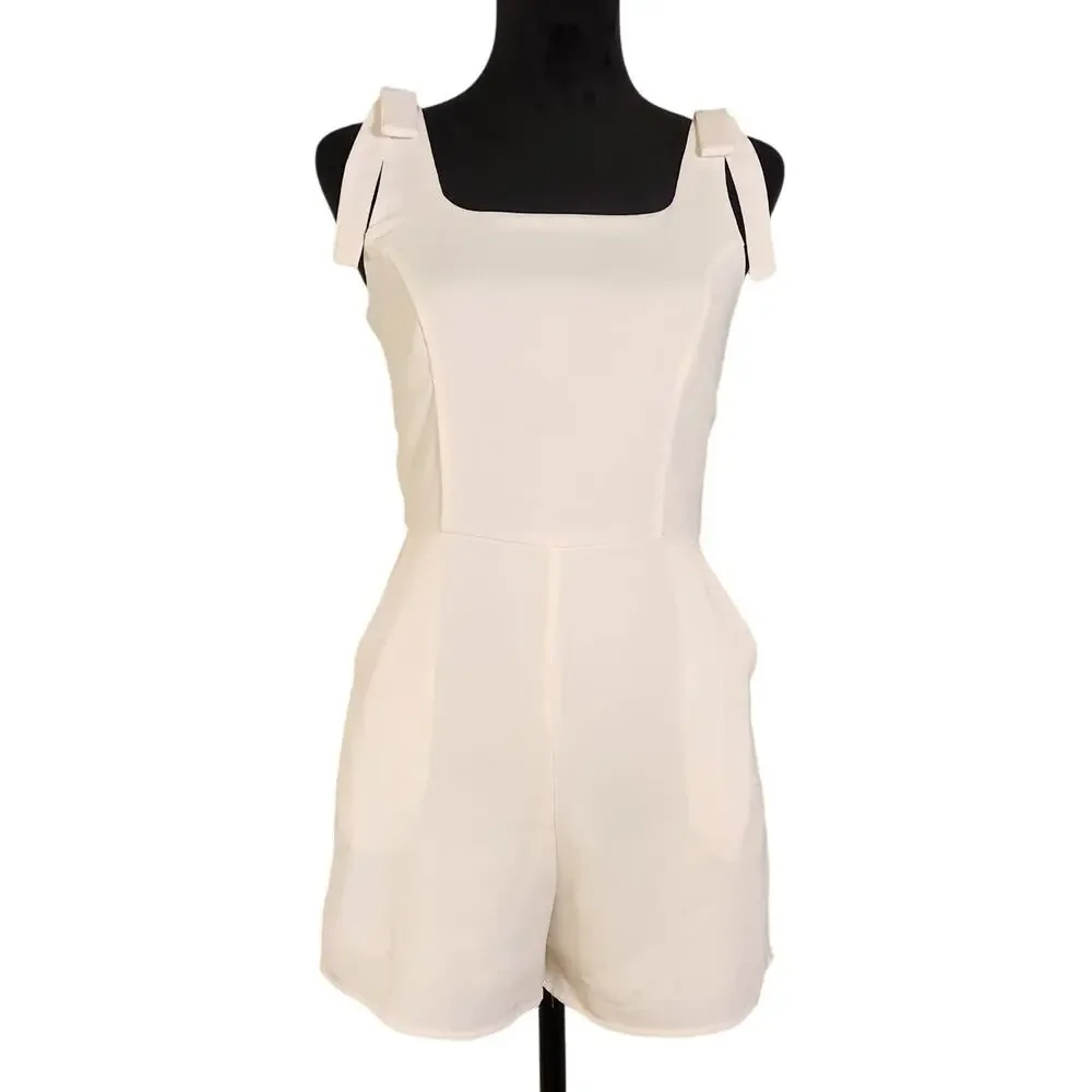 SHE + SKY White Sleeveless Romper with Bows, Size Small